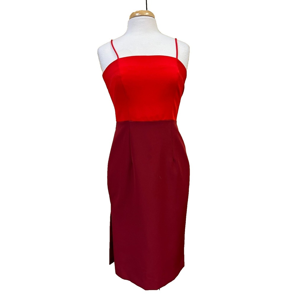 MILLY Sheath Dress Two Tone Red Color Block Spaghetti Strap Side Slit Lined SZ 6